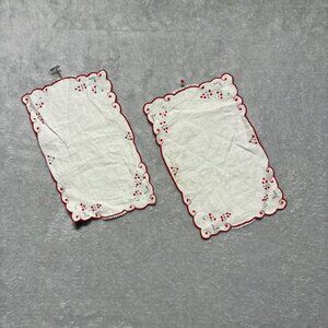 Vintage Set of 2 Hand Embroidered Handkerchiefs Red & Gray Berry Design